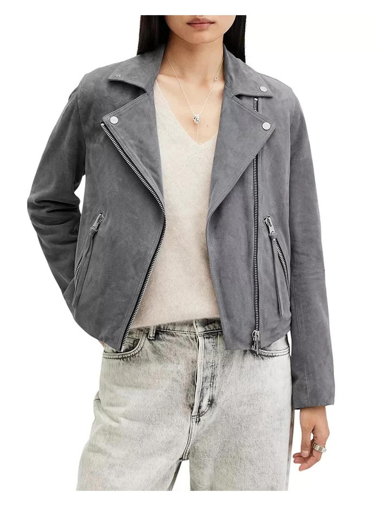 New, Allsaints Suede Dalby Biker Jacket In Grey Sz 12 #Sj2225
